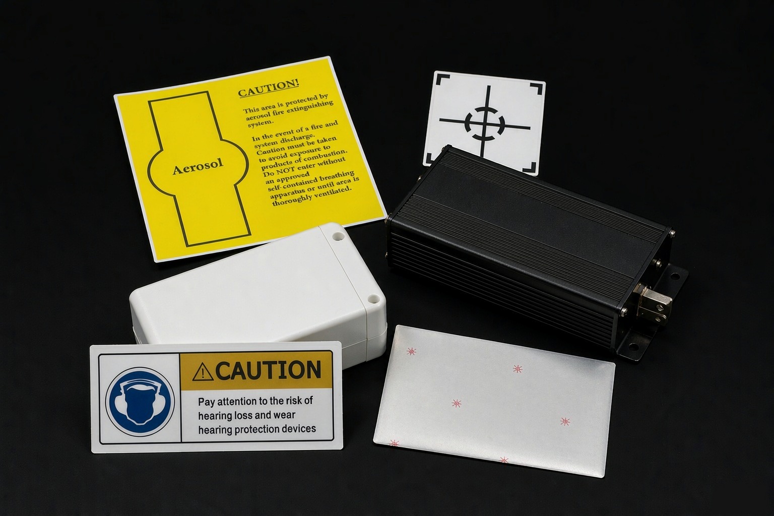 Certified safety labels and a white PET label roll beside a power adapter housing on a clean industrial surface
