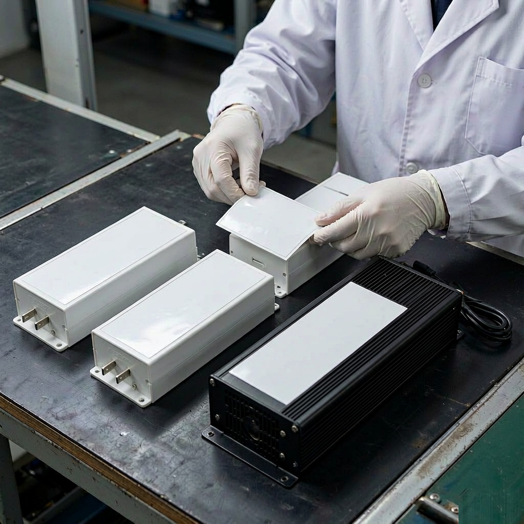 Inspection of applied safety labels on power adapter housings during production validation