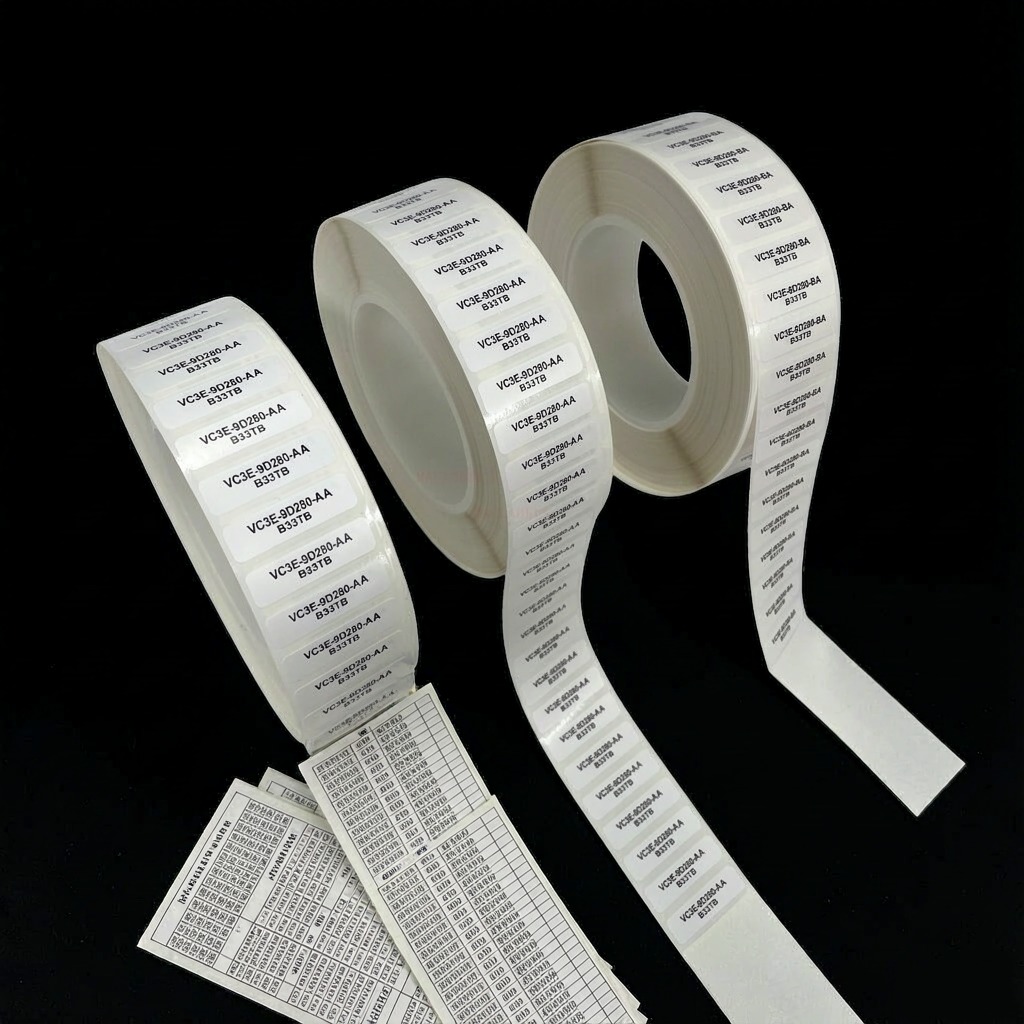 Close-up of thermal transfer printed rating text on a white PET label for a power supply